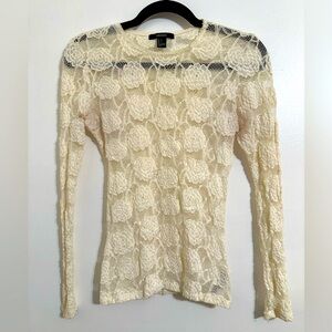 EUC FOREVER 21 Ivory Lace Sheer Long Sleeve Crewneck Top